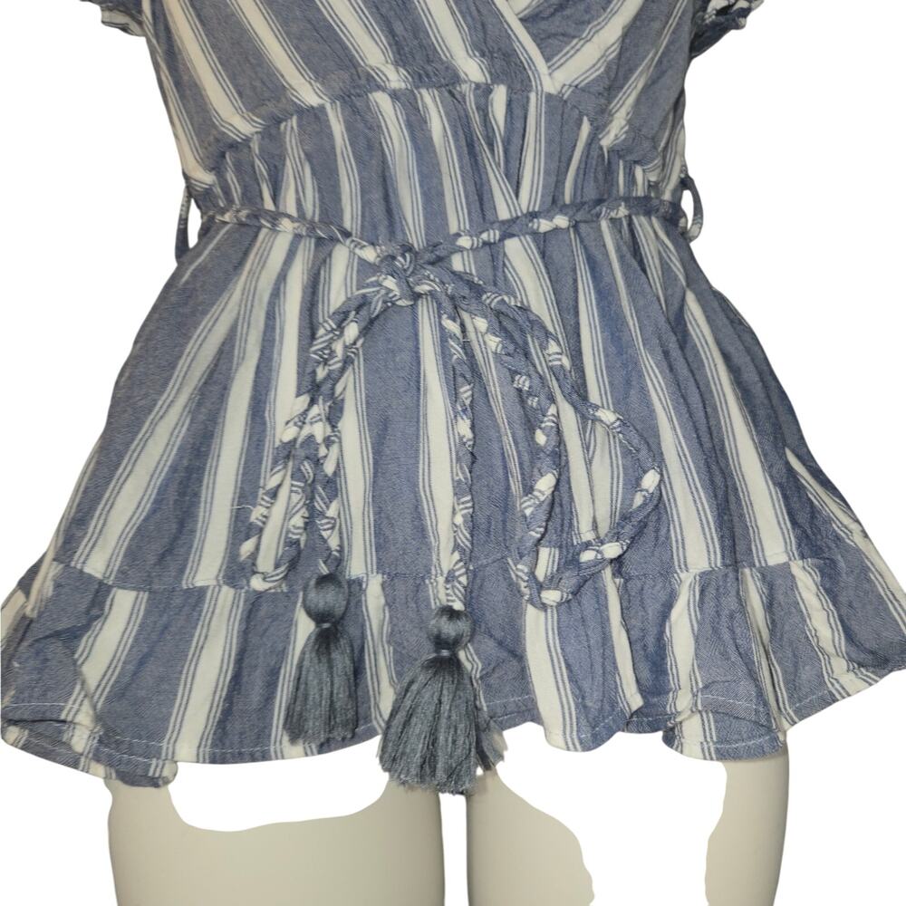 Angie Women Medium Top Blue Striped Surplice Ruffle Sleeve Boho Hippie Festival - Picture 4 of 12